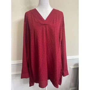 EVRI 1X Red Micro Polka Dot V Neck Long Sleeve Light Sheer Blouse